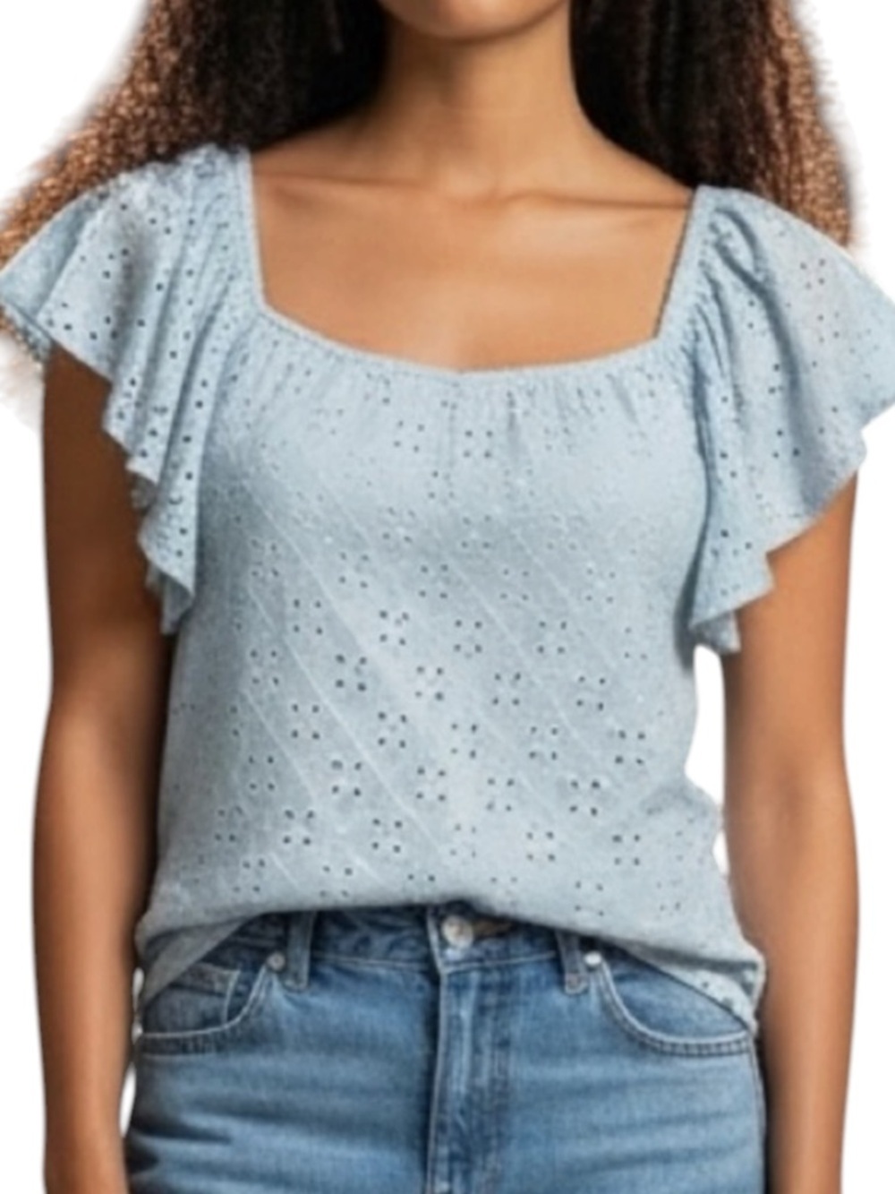 ANN TAYLOR FACTORY Eyelet Flutter Sleeves Blouse in Sky Blue Size Med — CUTE!!!